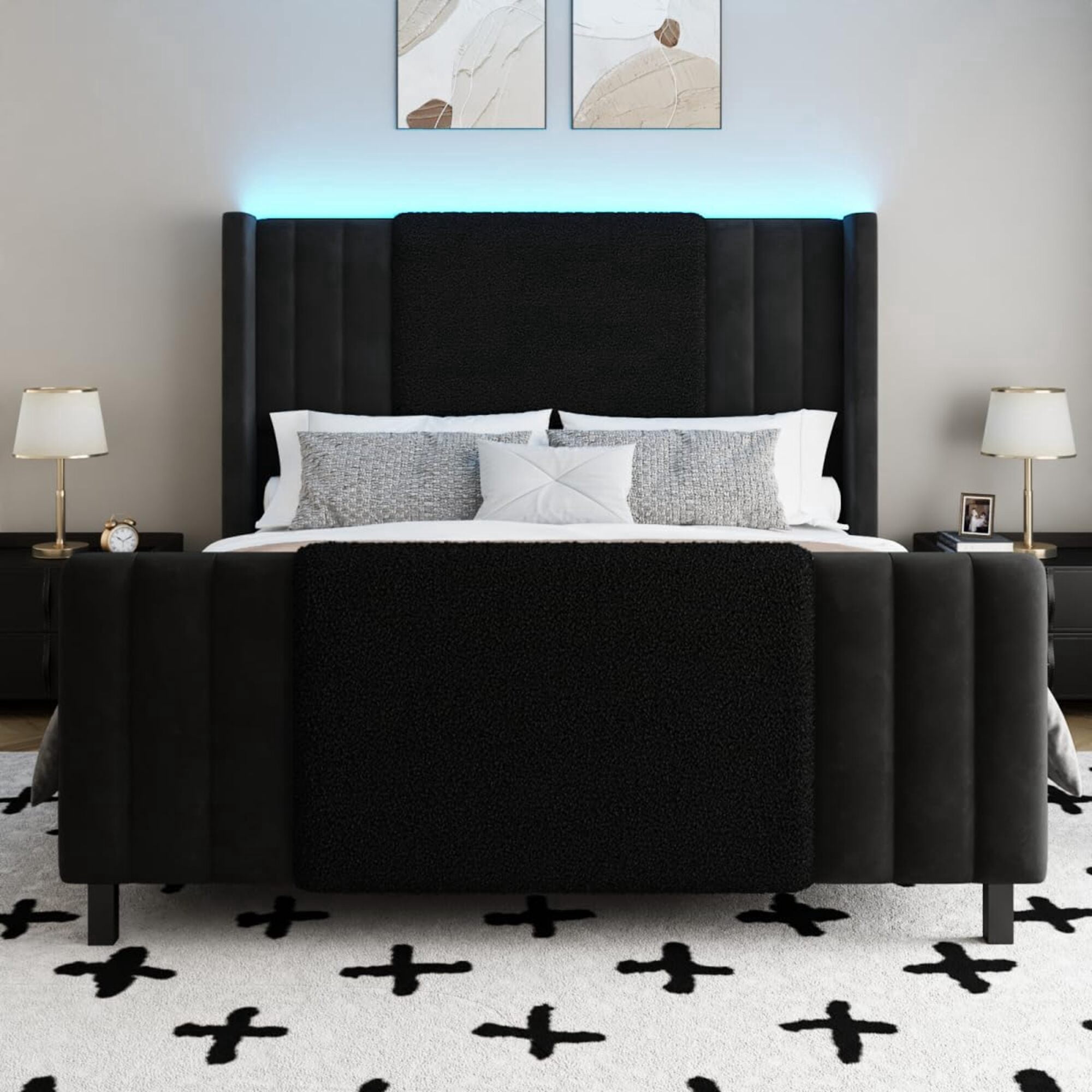 Queen Upholstered Bed Frame with LED Headboard & Footboard - Noiseless, Easy Assembly Platform Bed for Master Bedroom and Guest Room, Black