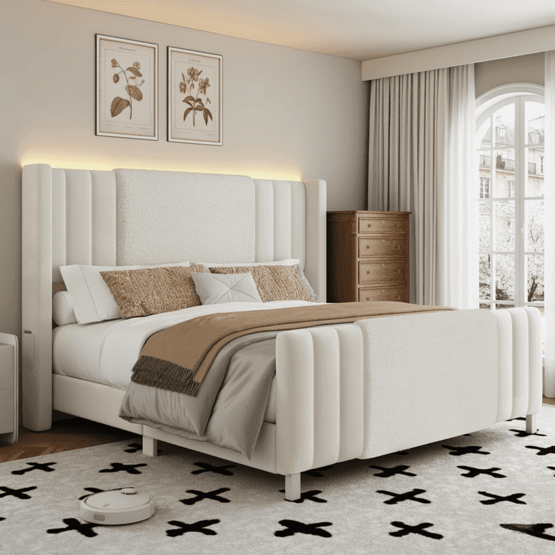 Queen Upholstered Bed Frame with LED Headboard & Footboard - Noiseless, Easy Assembly Platform Bed for Master Bedroom and Guest Room, White