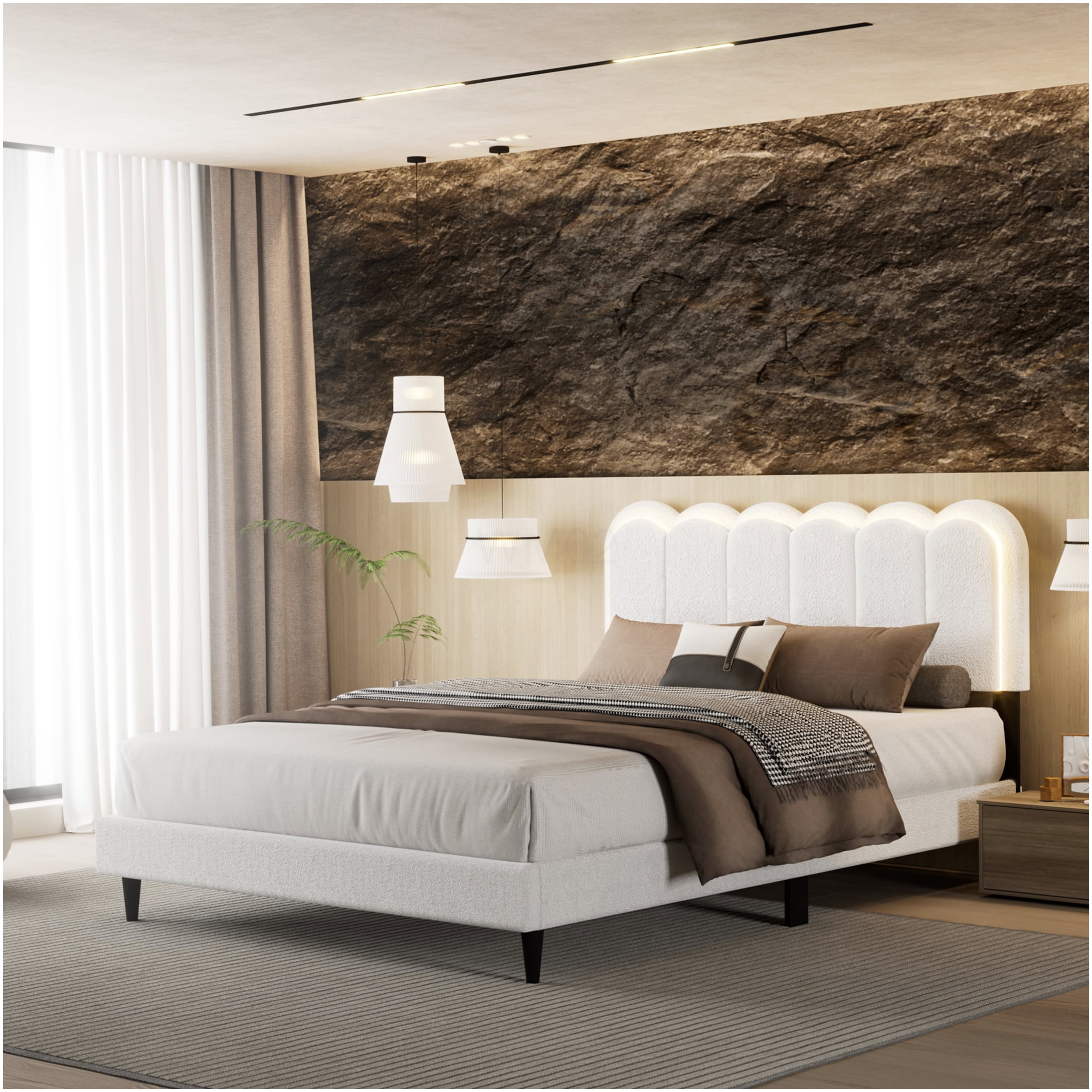 Queen Upholstered Bed Frame with LED Headboard and Storage, Modern Platform Bed with Soft Boucle Fabric, Noise Free, Wood Slat Support