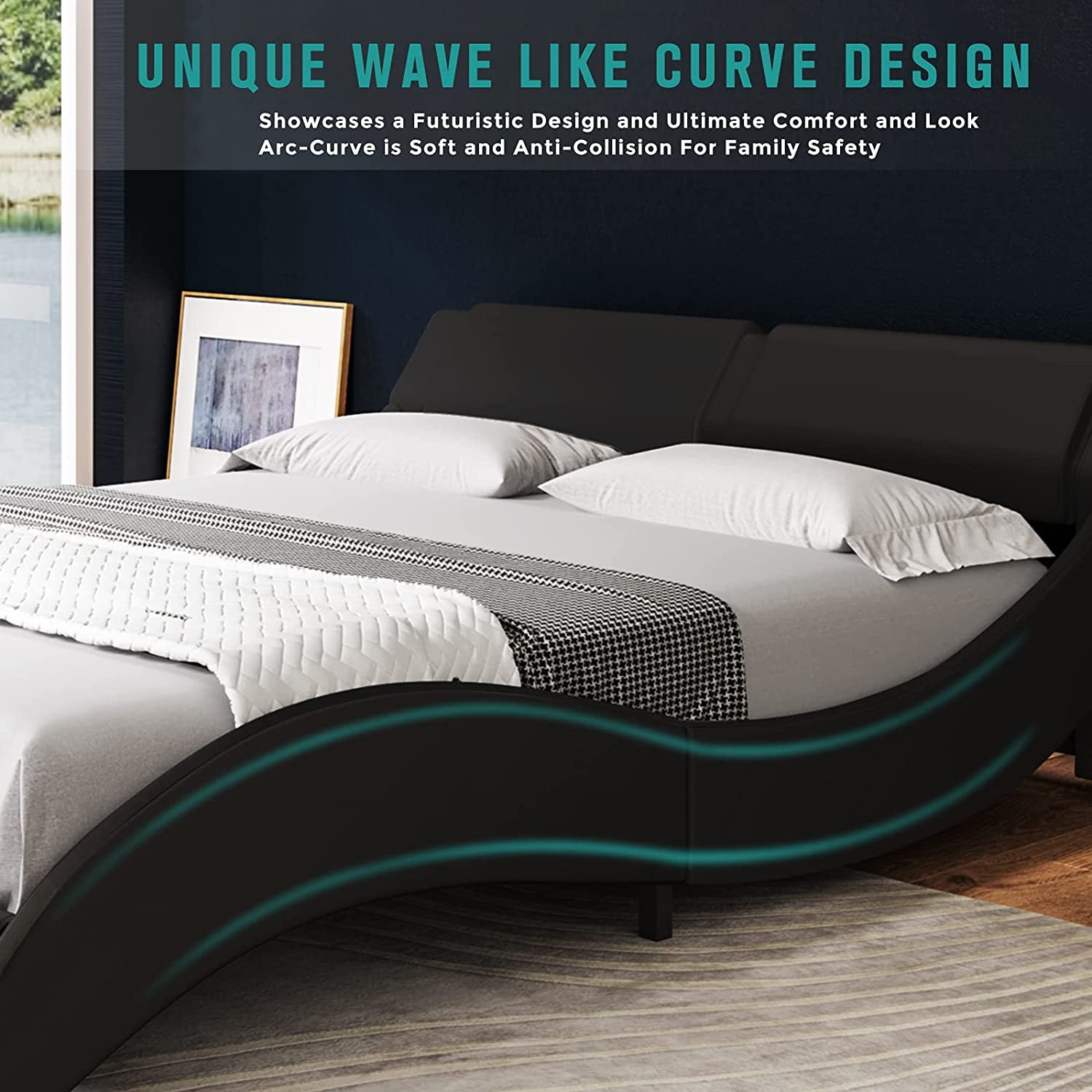 Queen Upholstered Bed Frame with LED Lights headboard,Bed Frame Wave