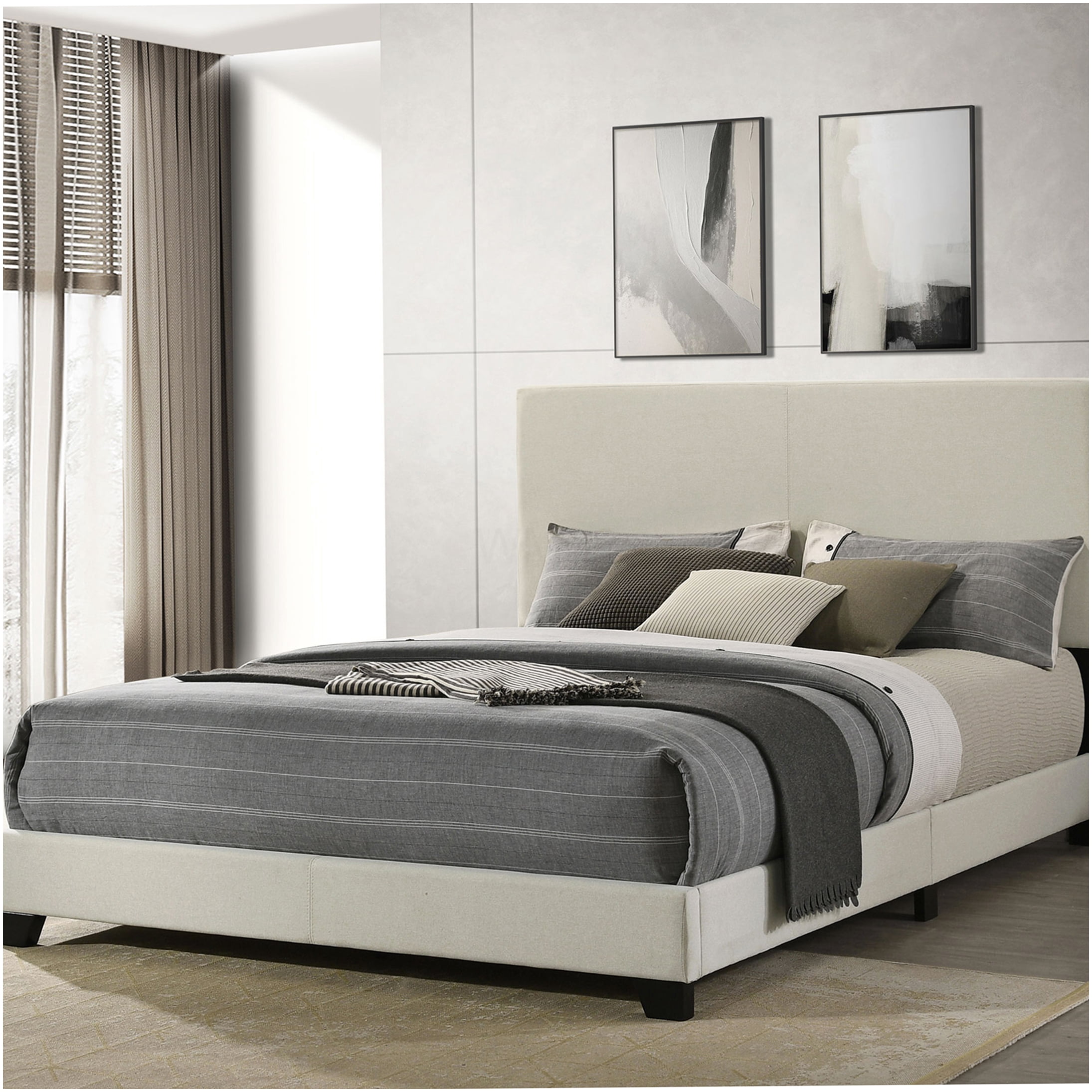 Queen Upholstered Bed Frame with Padded Headboard, Cream Fabric Platform Bed, No Box Spring Needed, Wood Slat Support, Modern Bedroom Furniture