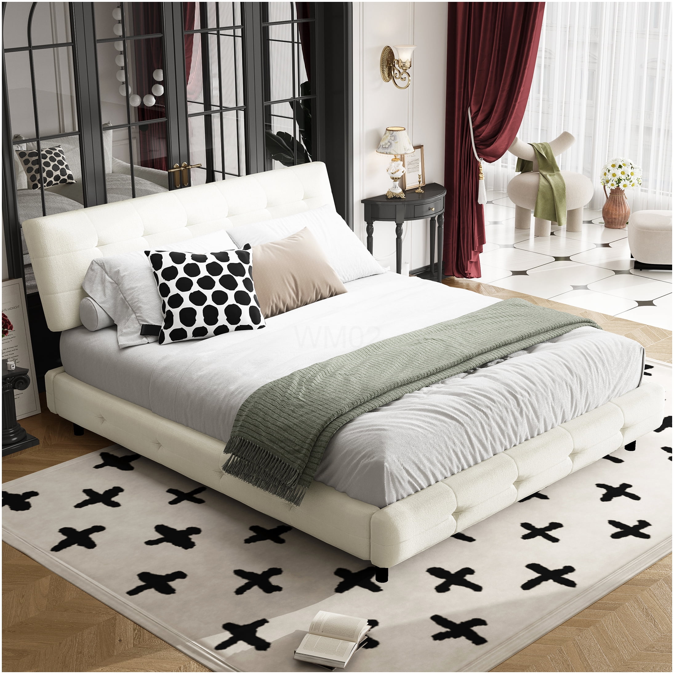 Queen Upholstered Bed Frame with Pillow Tufted Headboard, Platform Bed Base with Wood Slats, No Box Spring Needed, Chenille Fabric, Beige and White