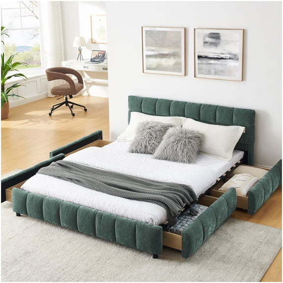 Queen Upholstered Bed Frame with Storage Drawers, Soft Headboard, Low Profile Platform Base, Blue Green Chenille Fabric for Modern Bedroom