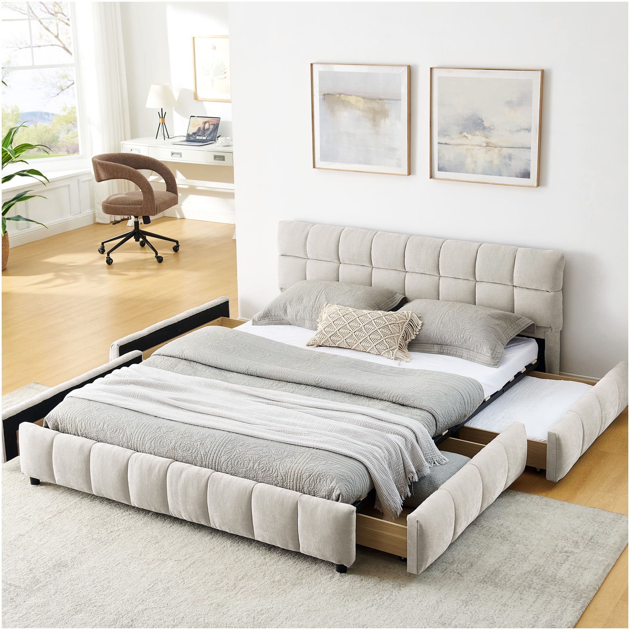 Queen Upholstered Bed Frame with Storage Drawers and Headboard, Low Profile Platform Bed with Storage, No Box Spring Needed, Beige