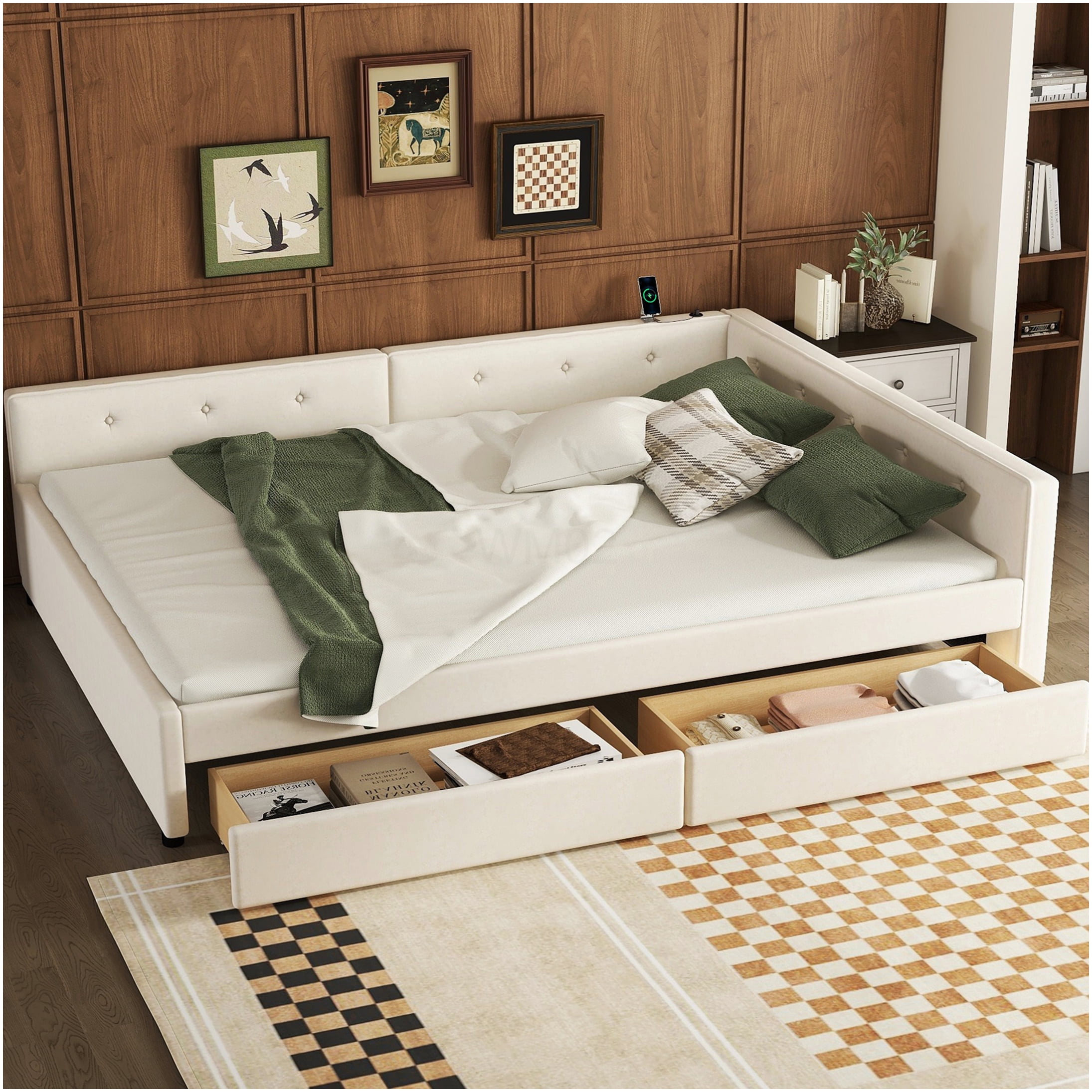 Queen Upholstered Bed Frame with USB Ports and Storage Drawers, Linen Fabric Platform Bed, No Box Spring Needed, Beige