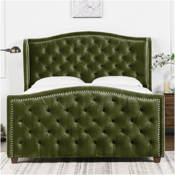 Queen Upholstered Bed Frame with Velvet Headboard, Modern Platform Bed with Wood Support, Olive Green Fabric Frame, No Box Spring Needed