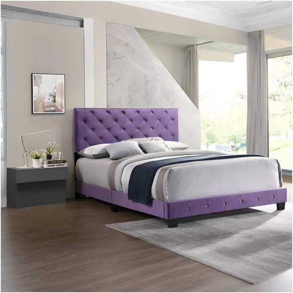 Queen Upholstered Bed Frame with Velvet Headboard, No Box Spring Needed Platform Bed, Sturdy Wood Slat Support for Mattress, Modern Bedroom Furniture