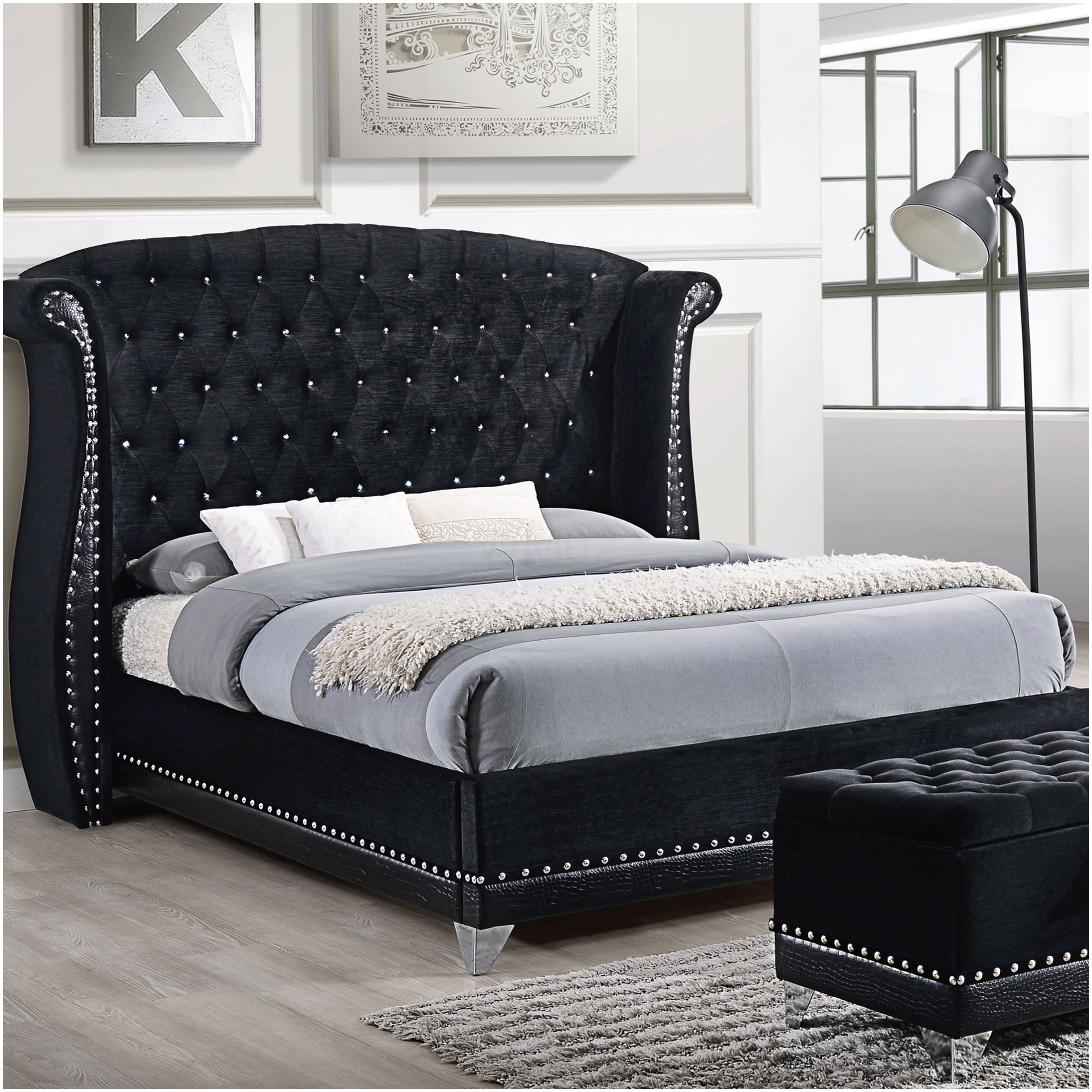 Queen Upholstered Bed Frame with Wingback Headboard, Black Velvet, Tufted Button & Nailhead Trim for Modern Glamour Bedroom