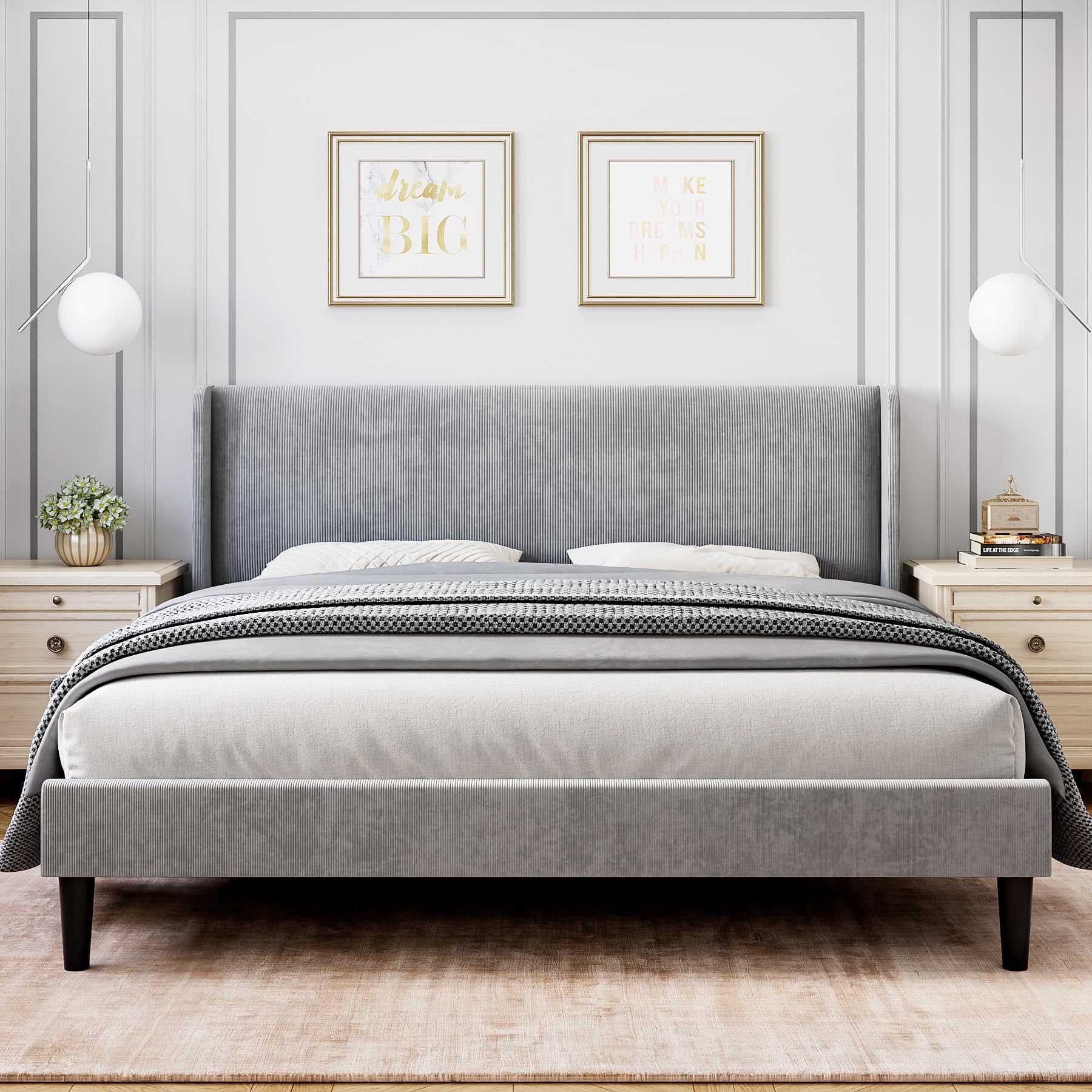 Queen Upholstered Bed Frame with Wingback Headboard, Luxurious Velvet Upholstery Platform Bed, Wooden Slat Support, Box Spring Optional, Light Gray