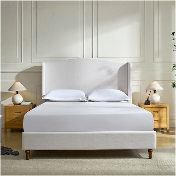 Queen Upholstered Bed Frame with Wingback Headboard, No Box Spring Needed, Easy Assembly, Plush Chenille Fabric, Ivory Finish