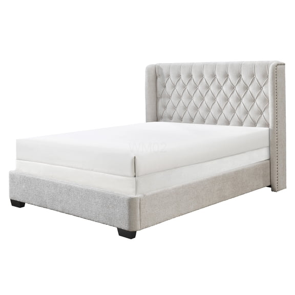 Queen Upholstered Bed Frame with Winged Tufted Headboard, Modern Platform Bed with High Headboard, Light Gray Fabric, No Box Spring Needed