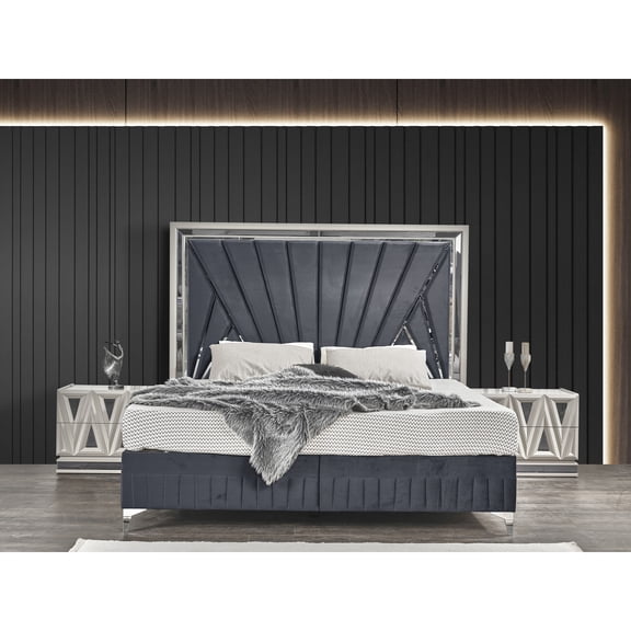 Queen Upholstered Bed With Wood Frame And Velvet Upholstery In Midnight Grey Contemporary Led Lighting Practical Space