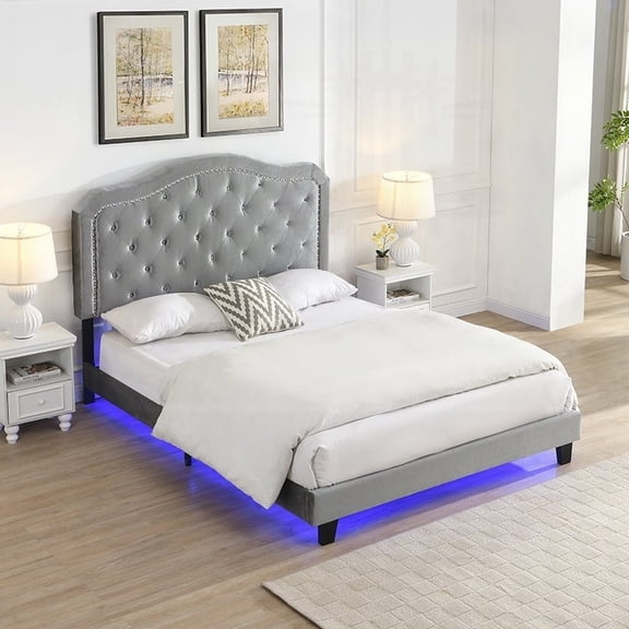 Queen Upholstered Bed featuring Curve Design and Button Tufting - Strong Wooden Slat Support for Durability - Easy to Assemble - Light Grey Velvet with LED Lights