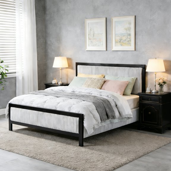 Queen Upholstered Bed with Fluffy Soft Headboard,Grey+Black Frame