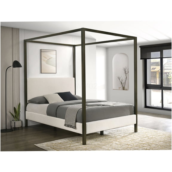 Queen Upholstered Canopy Bed Frame with Headboard, Vanilla White Fabric, Modern Farmhouse Platform Bed, No Box Spring Needed