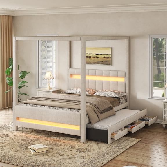 Queen Upholstered Canopy Bed with LED Lights, Twin Trundle & 3 Drawers, Beige Platform Bed with Storage, No Box Spring Needed