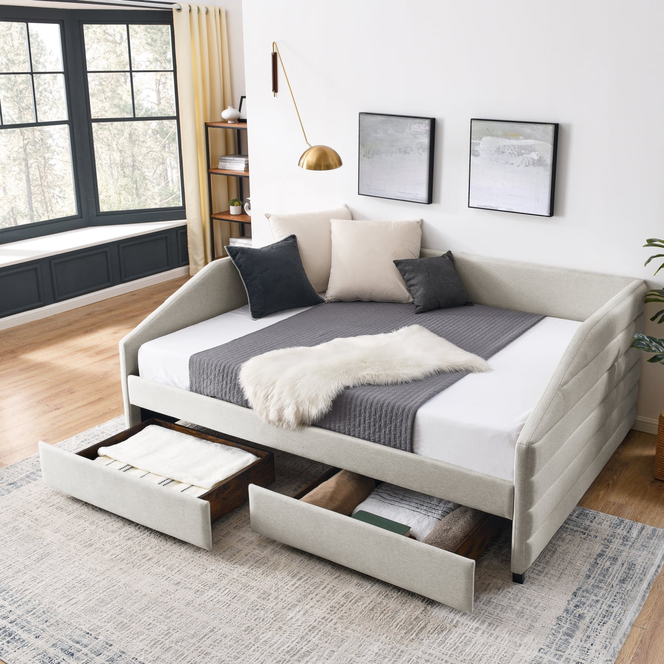 Queen Upholstered Daybed with 2 Drawers, Linen Tufted Sofa Bed with ...