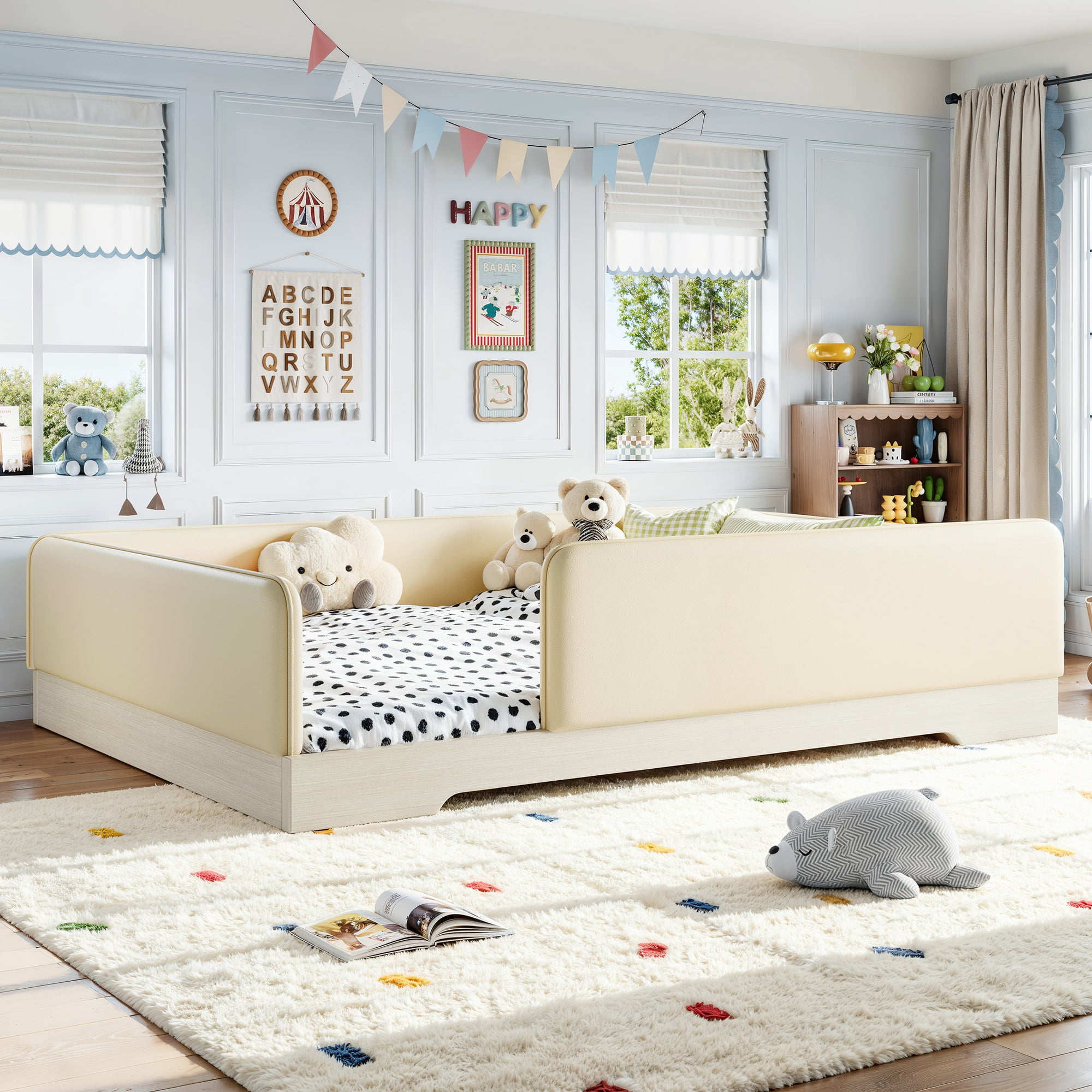 Queen Upholstered Floor Bed 82.68 Inch, Faux Leather Montessori Bed with Removable Guardrails, Low Profile Platform Bed for Kids, Beige
