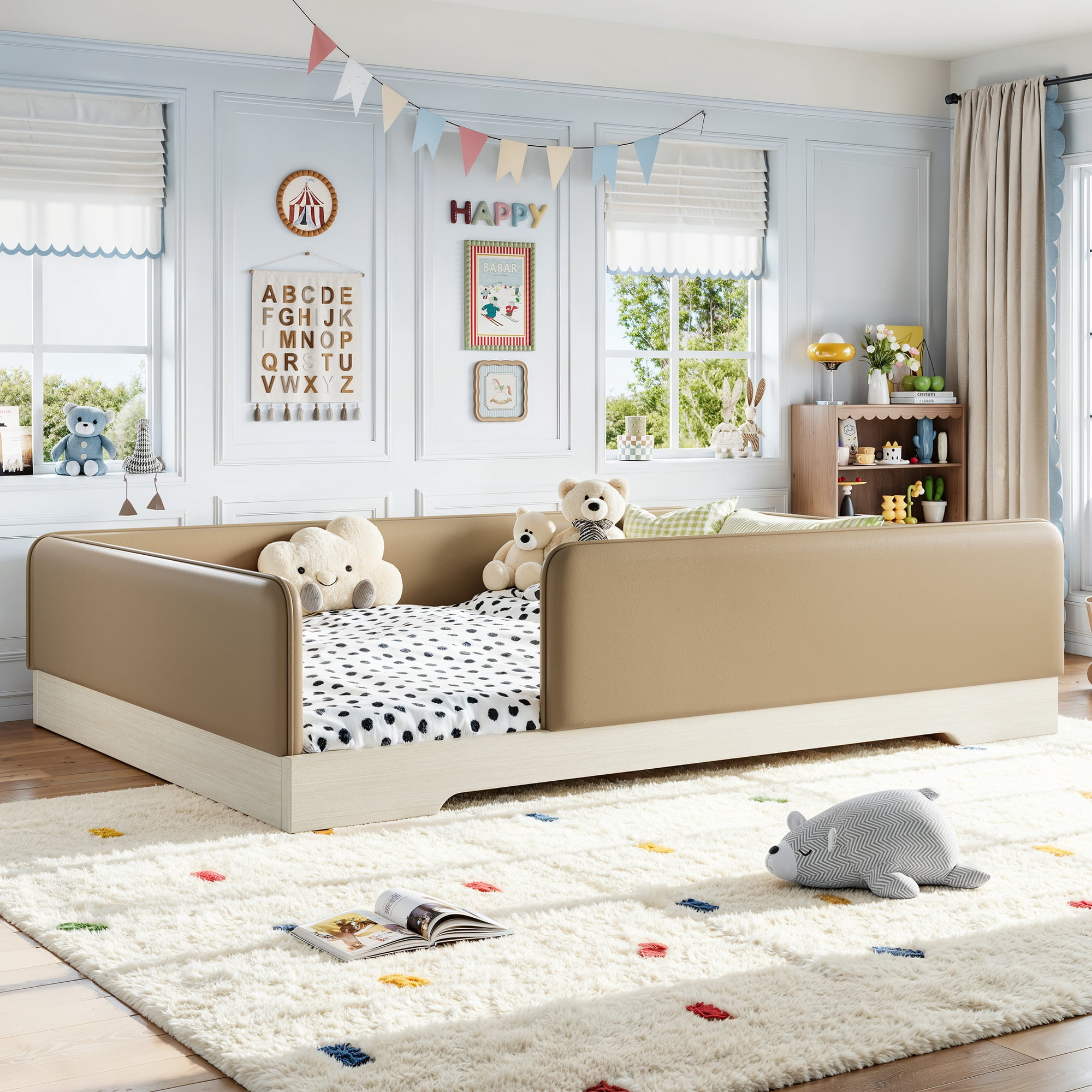Queen Upholstered Floor Bed 82.68 Inch, Faux Leather Montessori Bed with Removable Guardrails, Low Profile Platform Bed for Kids, Brown