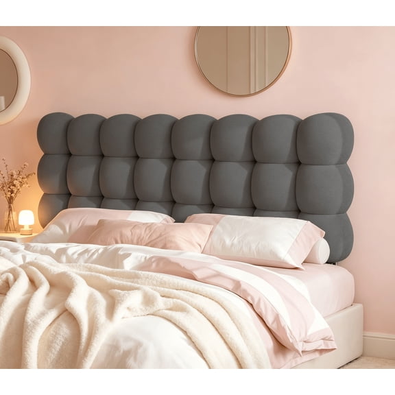 Queen Upholstered Headboard with Adjustable Height, Ergonomic, Memory Foam Cloud-Shaped, Teddy Fleece, Grey