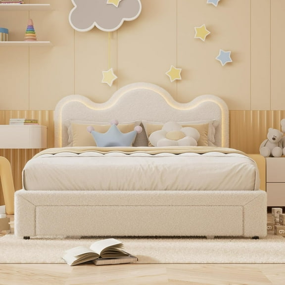 Queen Upholstered LED Bed Frame with Storage Drawers Bed with Flower Headboard Boucle Princess Platform Bed Frame for / Strong Wood Slat Support,No Box Spring Needed,Easy Assembly