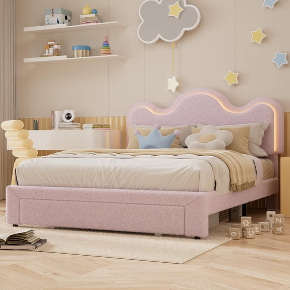 Queen Upholstered LED Bed Frame with Storage Drawers Boucle Bed Frame with Flower Headboard Princess Platform Bed Frame for / Strong Wood Slat Support,No Box Spring Needed