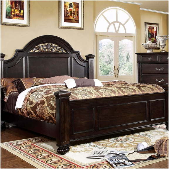 Queen Upholstered Panel Bed with Floral Headboard, Dark Walnut Finish Solid Wood Frame for Modern Bedroom