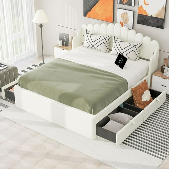 Queen Upholstered Platform Bed with 4 Storage Drawers and 2 USBs, Modern Wooden Bed Frame with Irregular Headboard and Slat Supports for Teens and Adults, Beige