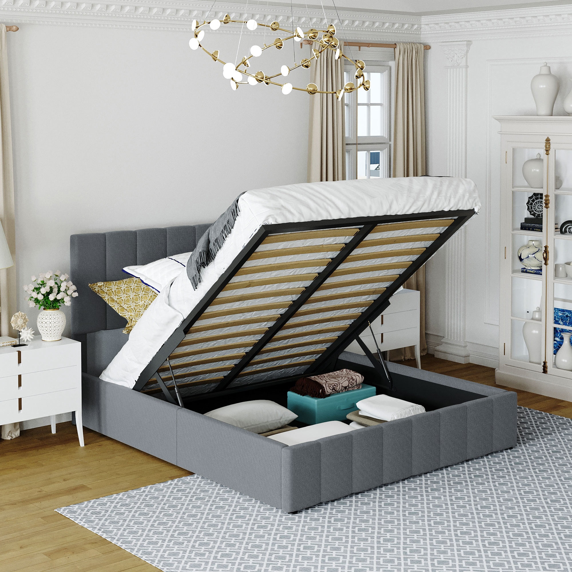 Queen Upholstered Platform Bed 83.5 Inch, Hydraulic Storage System Bed Frame with Linen Fabric Headboard, No Box Spring Needed, Gray