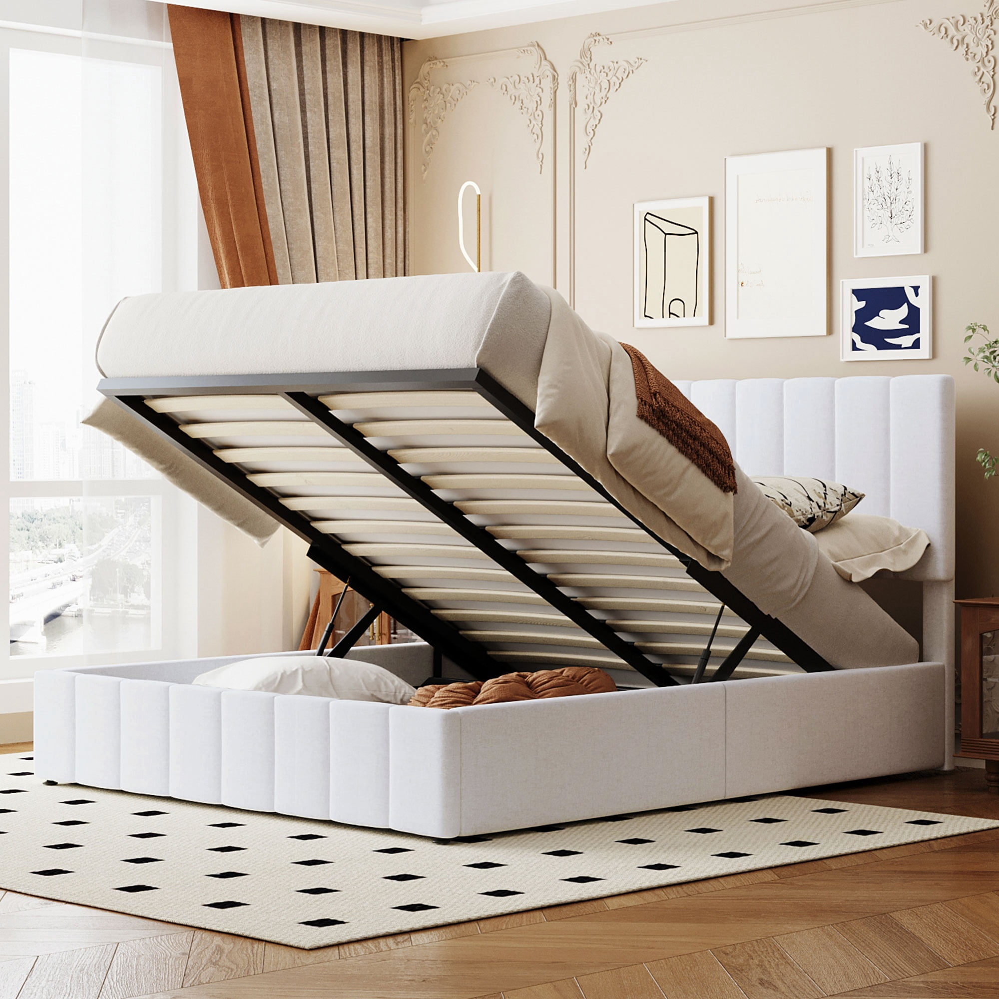 Queen Upholstered Platform Bed 83.5 Inch, Hydraulic Storage System Bed Frame with Linen Fabric Headboard, No Box Spring Needed, White