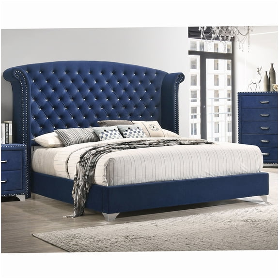 Queen Upholstered Platform Bed, Blue Velvet Wingback Headboard, Chrome Legs, Modern Design, No Box Spring