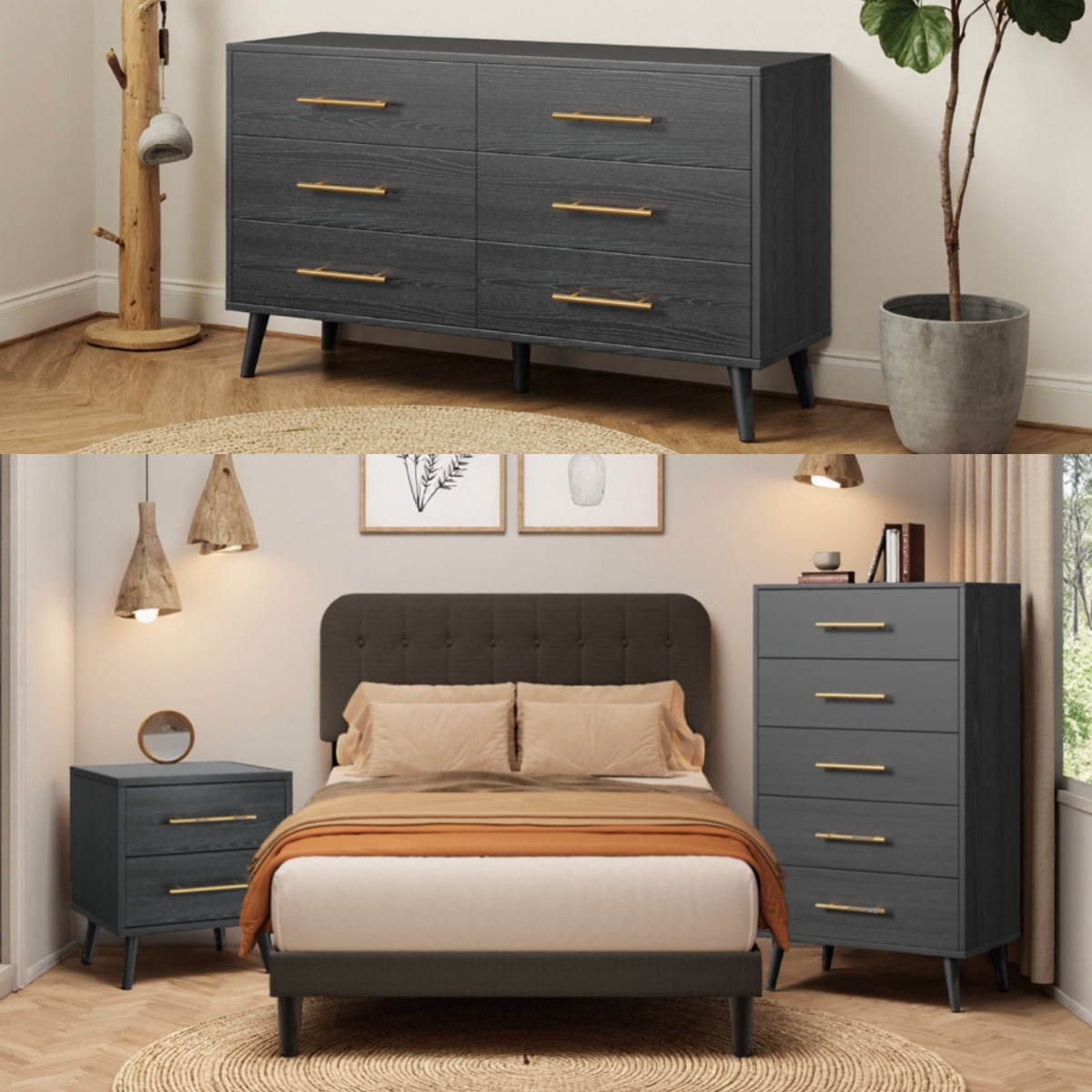 Queen Upholstered Platform Bed Frame with Headboard and 4 Wood Dressers (2,5,6 Drawer) - Modern Bedroom Furniture Set with Sturdy Slats, Noise Free - Gray & Black