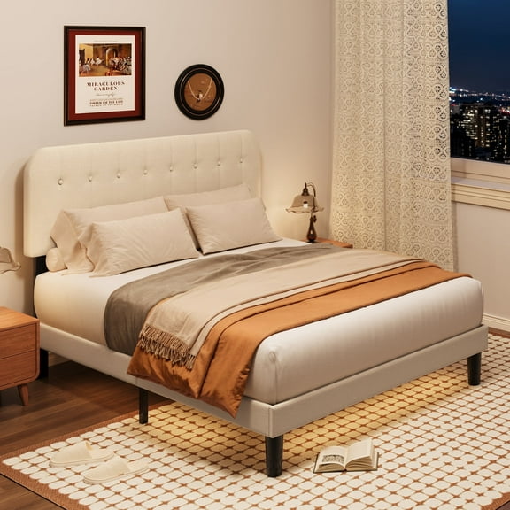 Queen Upholstered Platform Bed Frame with Headboard - Modern Bedroom Furniture with Sturdy Wooden Slats, Quiet & Noise Free, No Box Spring Needed, Beige
