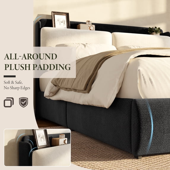 Queen Upholstered Platform Bed Frame with Recessed Shelf & Under-Bed ...