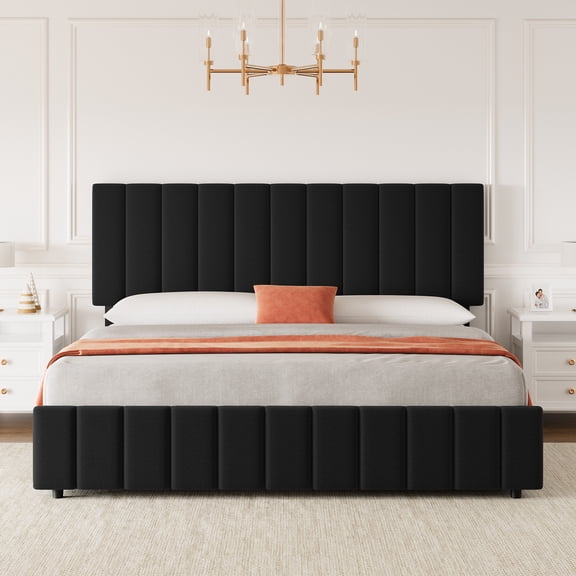 Queen Upholstered Platform Bed Frame with 4 Storage Drawers – Adjustable Headboard, Wood Slats, No Box Spring Needed, Easy Assembly – Black or White