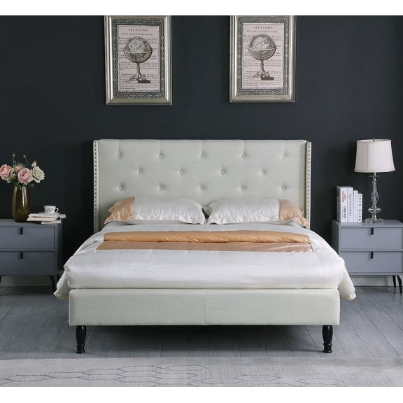 Queen Upholstered Platform Bed Frame with 45" Tall Headboard - Button Tufted Linen Bed - Light Beige - Oliver & Smith - Kendall