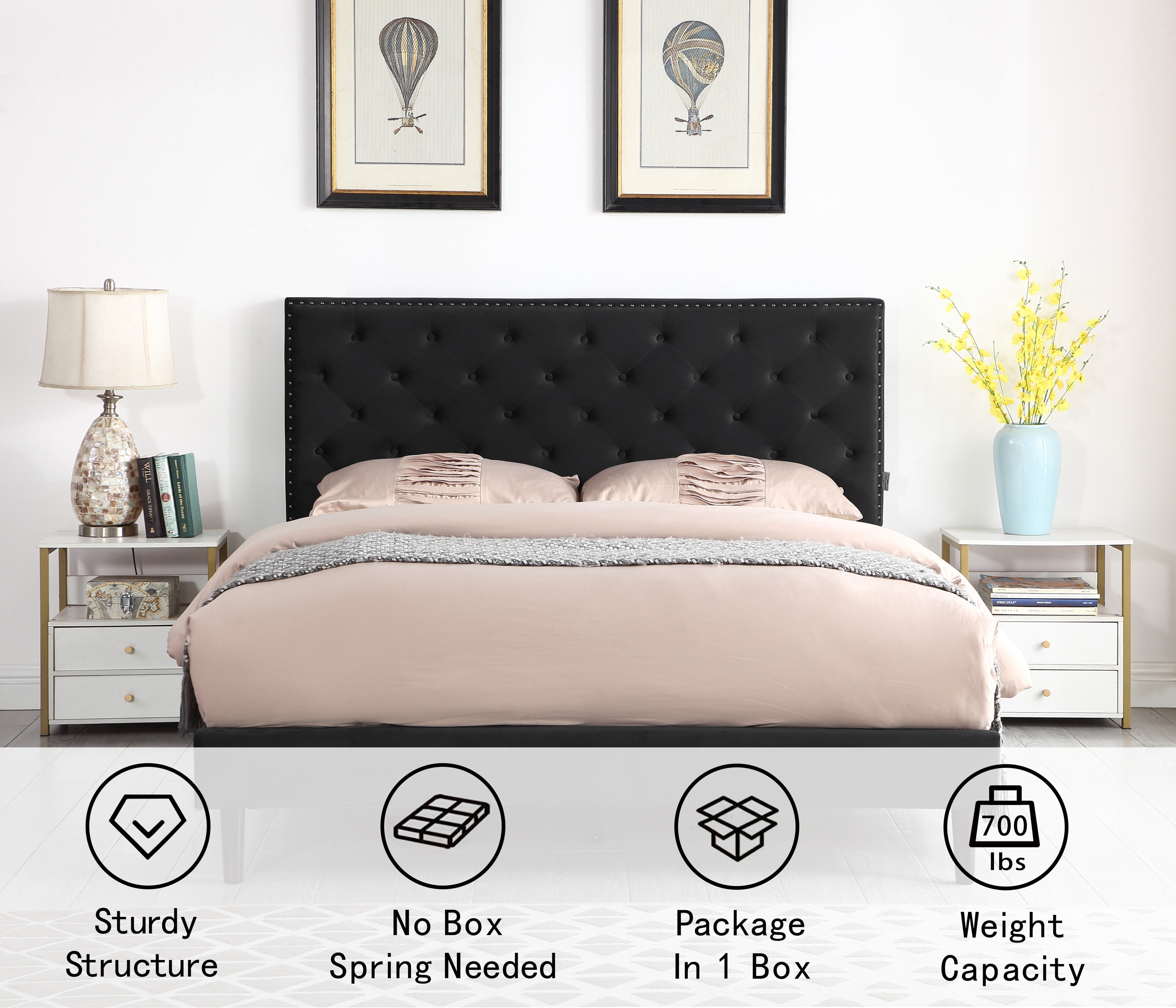Queen Upholstered Platform Bed Frame with 48" Tall Adjustable Headboard - Button Tufted Suede Bed - Black - Oliver & Smith - Princeton