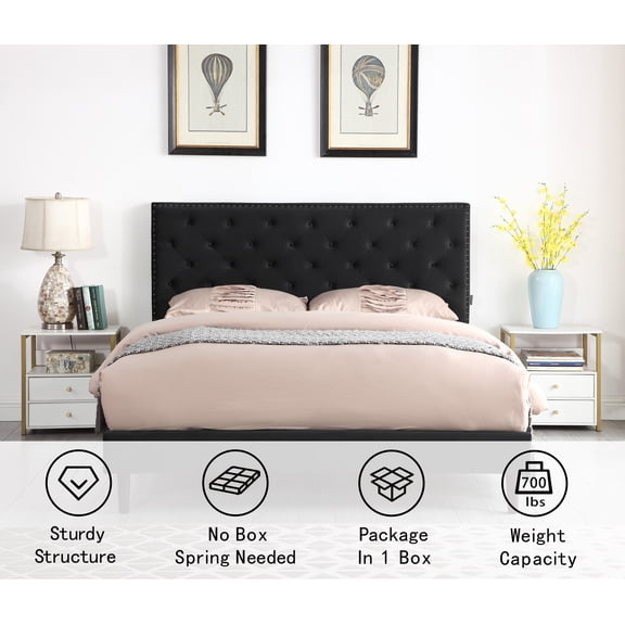 Queen Upholstered Platform Bed Frame with 48" Tall Adjustable Headboard - Button Tufted Suede Bed - Black - Oliver & Smith - Princeton