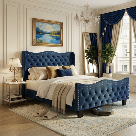 Queen Upholstered Platform Bed Frame with 50" Tall Wingback Headboard and Footboard, Navy Blue Velvet Button Tufted Bed, No Box Spring Needed