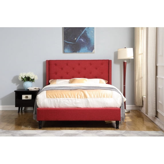 Queen Upholstered Platform Bed Frame with 51" Tall Headboard - Button Tufted Linen Bed - Burgundy - Oliver & Smith - Astor