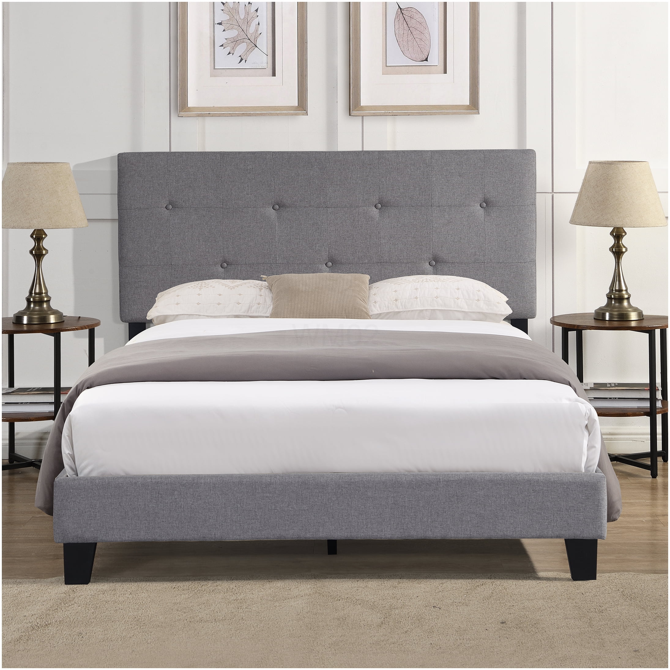 Queen Upholstered Platform Bed Frame with Button Tufted Headboard, Gray Linen Fabric, No Box Spring Needed, Strong Wood Slat Support, Easy Assembly