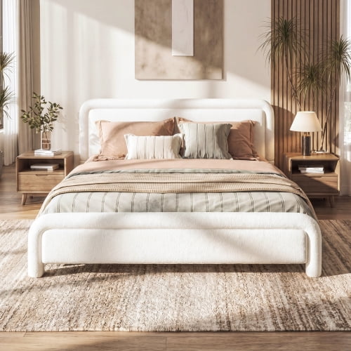 Queen Upholstered Platform Bed Frame with Curved Boucle Headboard, Modern White Bed with Wood Slats, No Box Spring Needed