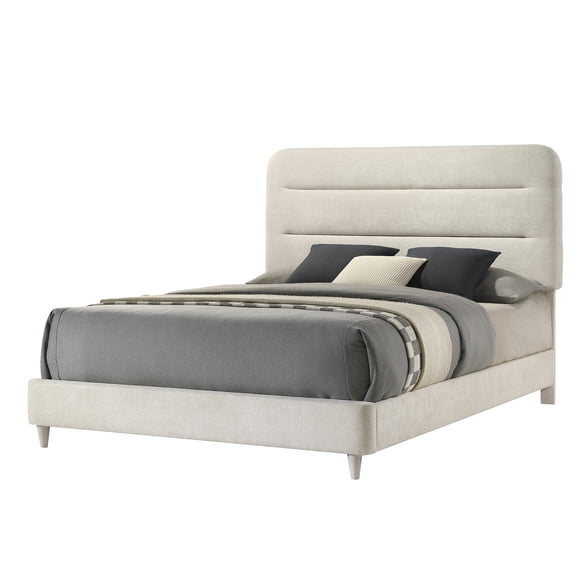 Queen Upholstered Platform Bed Frame with Headboard, Modern Low Profile Design, Antique White Finish