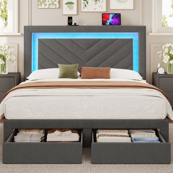 NHIXSOM Queen Upholstered Platform Bed Frame with LED Lights and Storage, Velvet Adjustable Headboard, Grey