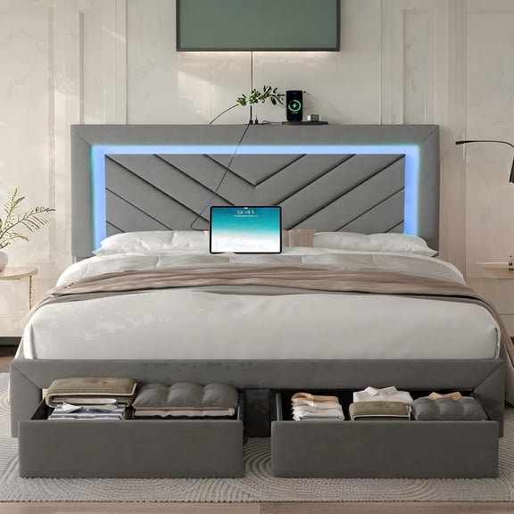 NHIXSOM Queen Upholstered Platform Bed Frame with LED Lights and Storage, Velvet Adjustable Headboard, Grey