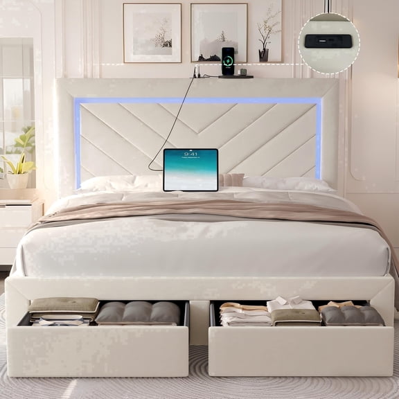 NHIXSOM Queen Upholstered Platform Bed Frame with LED Lights and Storage, Velvet Adjustable Headboard, Off White
