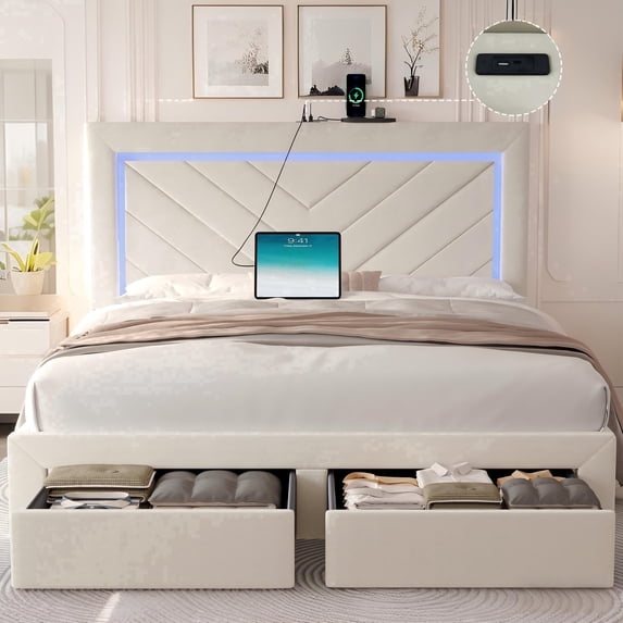 NHIXSOM Queen Upholstered Platform Bed Frame with LED Lights and Storage, Velvet Adjustable Headboard, off White