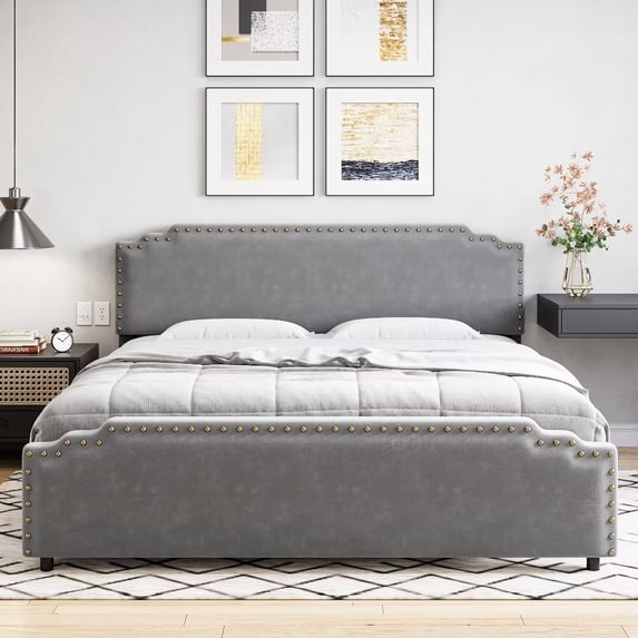 Queen Upholstered Platform Bed Frame with Rivet Decor Headboard, Wood Slat Support, No Box Spring Needed, Easy Assembly, Grey