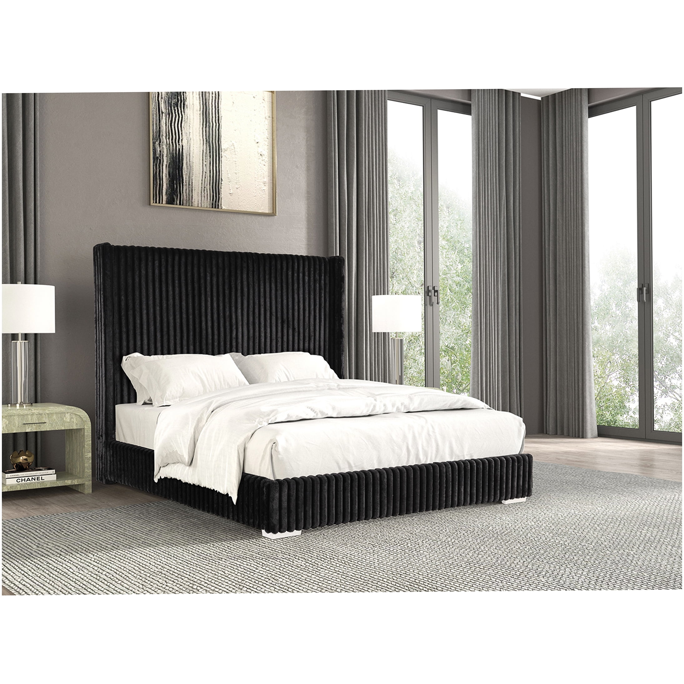 Queen Upholstered Platform Bed Frame with Storage Base, Black Chenille Fabric, Modern Style Mattress Foundation, No Box Spring Required