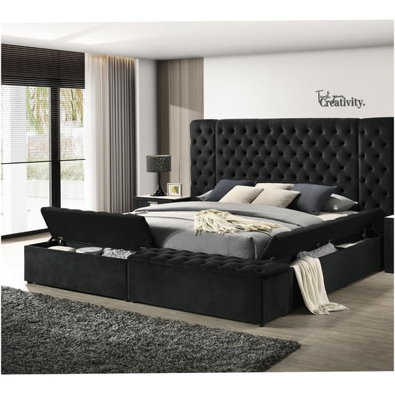 Queen Upholstered Platform Bed Frame with Storage & Tufted Headboard, Modern Strong Wooden Structure, Hidden Compartment, No Box Spring Needed, Black